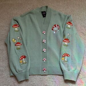 Hello Kitty Mushroom Embroidered Skimmer Cardigan Sage Green